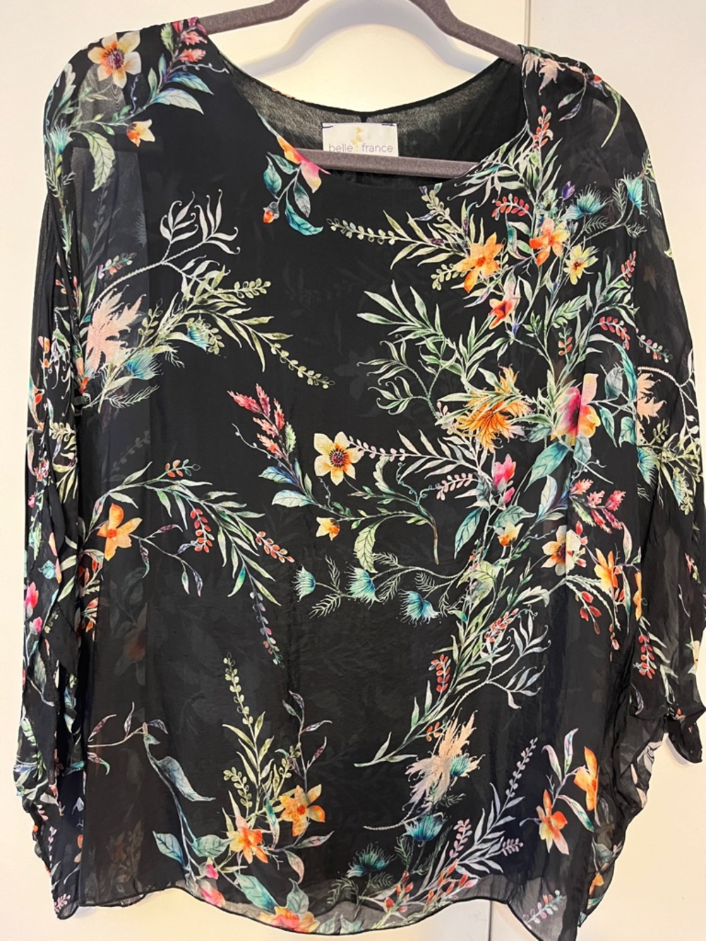 Bella France Black Blouse with Multicolor Botanical Print